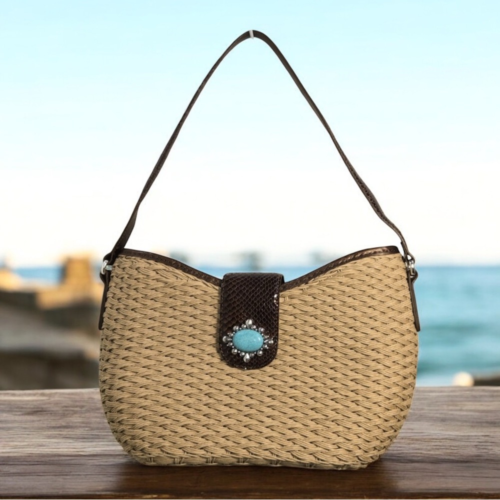 Brighton woven straw purse turquoise b ad croc shoulder bag tote